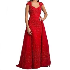 Lara Design Beaded Overskirt Red Evening Gown - Size 00